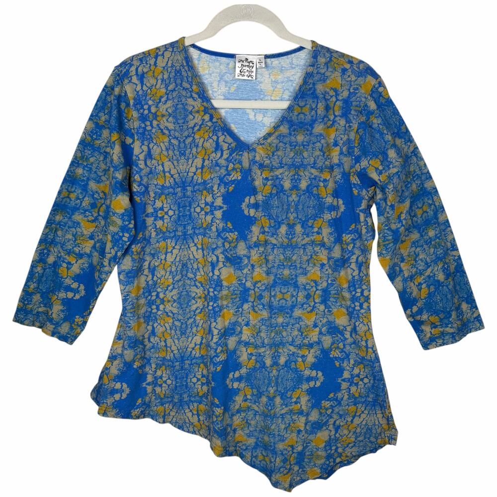 Parsley & Sage Top Womens Large Asymmetric Blue Yellow Batik Print 3/4 Sleeve